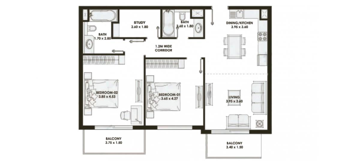 Планировка «104sqm» 2 спальни в ЖК PEARLZ