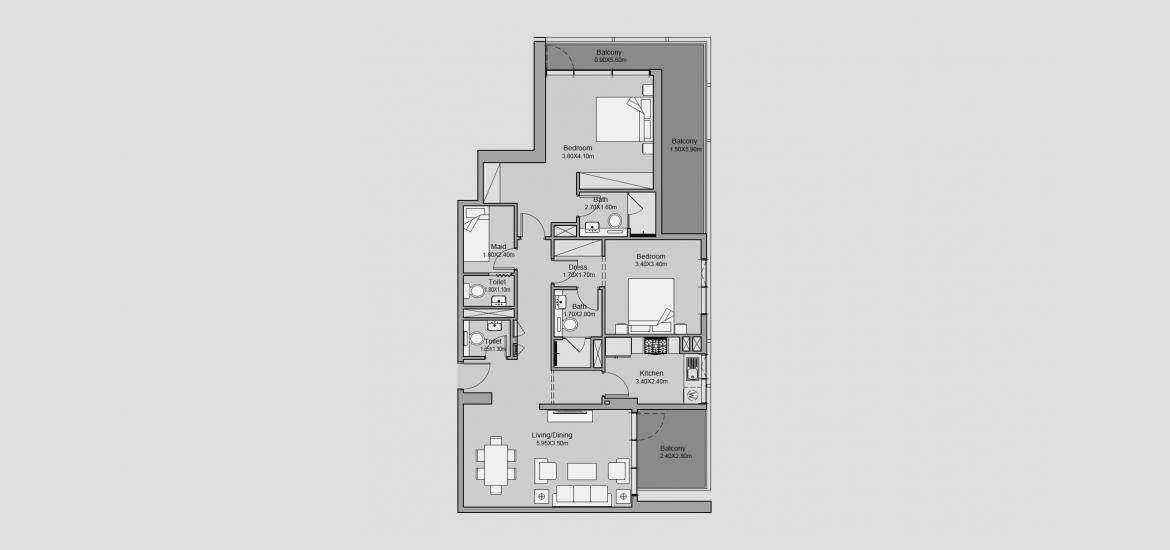 Floor plan «128 SQ.M 2 BR TYPE 03», 2 bedrooms in MILLENNIUM TALIA RESIDENCES